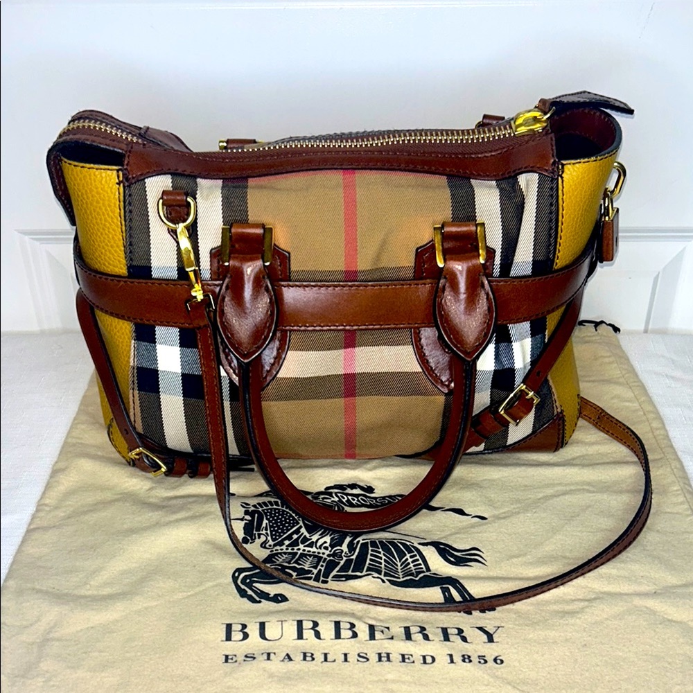 Burberry Gladstone Brown & Yellow House Check Leather Satchel Tote bag lock key - Picture 4 of 17